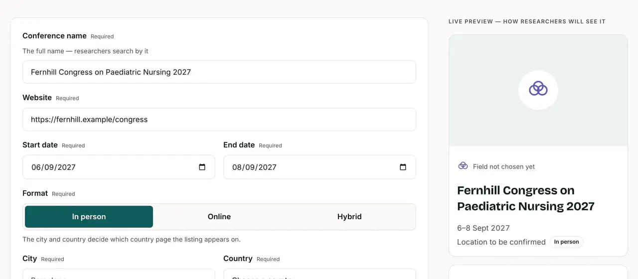 Screenshot of the add-your-conference form with the name, website and dates filled in, beside a live preview of how researchers will see the listing.
