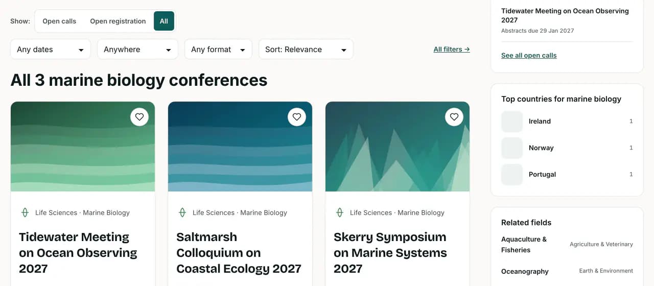 Screenshot of the marine biology field page: listing filters and three conference cards in that field, beside its open calls and top countries.