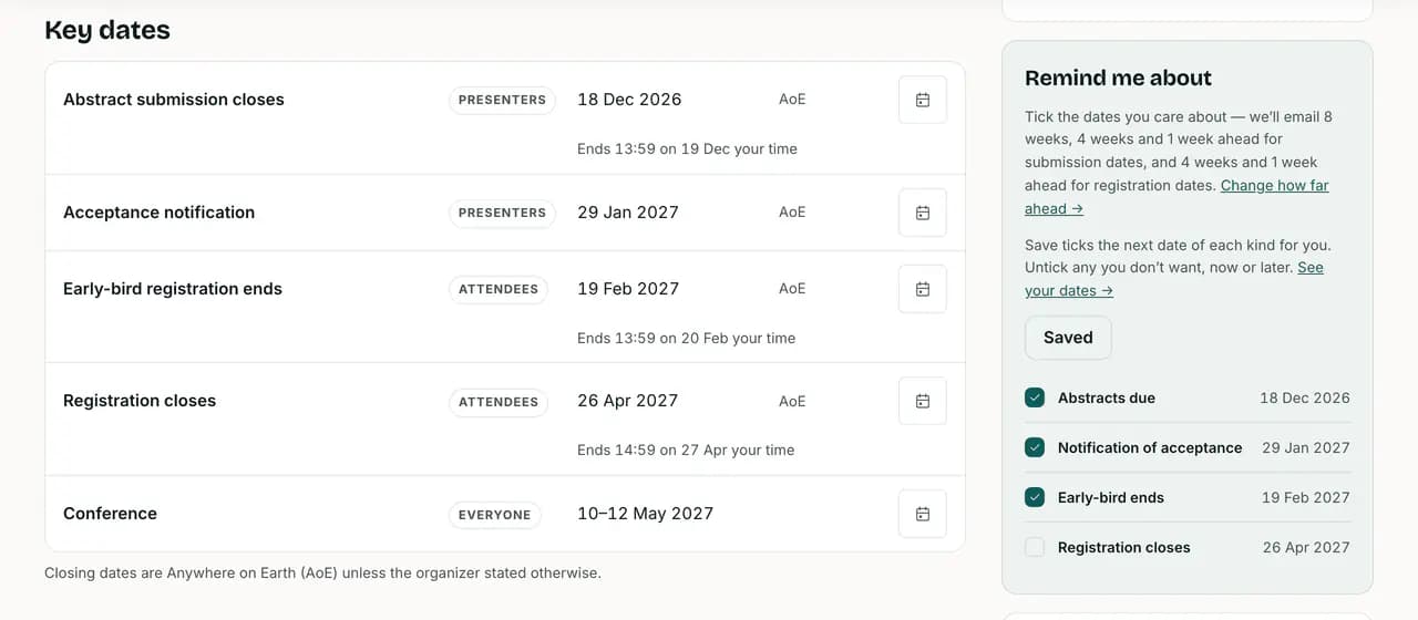 Screenshot of a conference page: its key dates listed one per row, beside a Remind me about panel where three of the four dates are ticked.