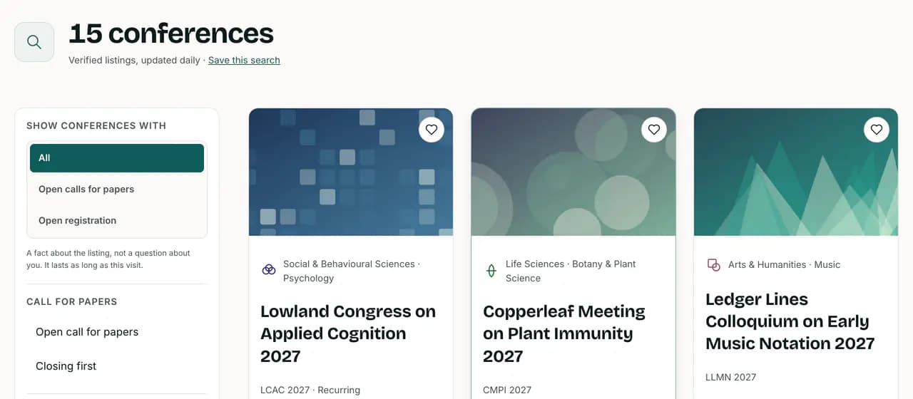 Screenshot of search results: the number of conferences found, a filter rail offering open calls for papers or open registration, and three conference cards showing each one’s field and name.