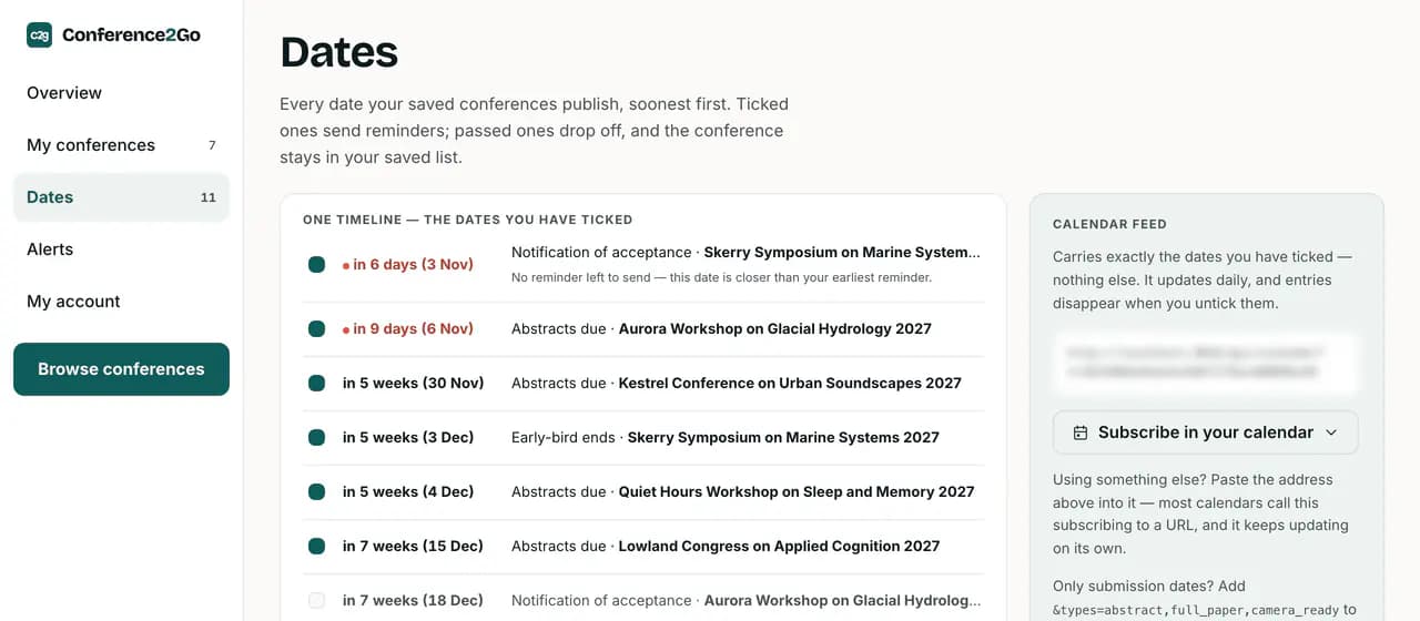 Screenshot of the Dates page: one timeline of ticked dates, soonest first, beside a calendar feed panel with a button to subscribe in your calendar. The private feed address is blurred.